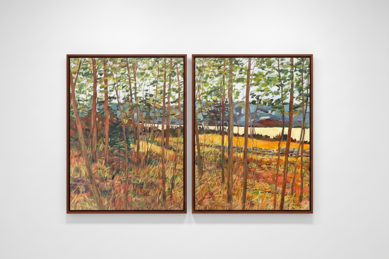 Warmth I & II diptych in thin cherry wood frames, tightly cropped gallery wall display